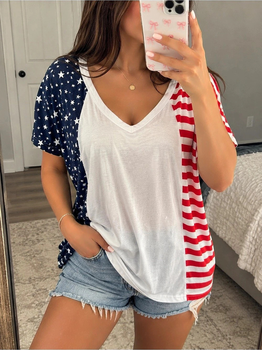Americana Flag Stars Stripes Oversized V Neck Top Red White Blue L